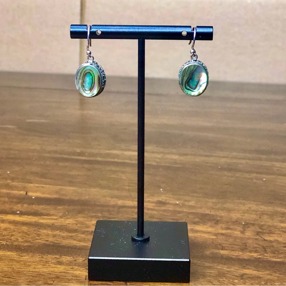 ABALONE Cabochon Sterling Silver Drop Earrings With Scrollwork Around The Bezel - Picture 10 of 10